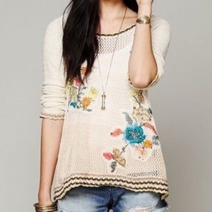 RARE Free People Embroidered Hooded Sweater